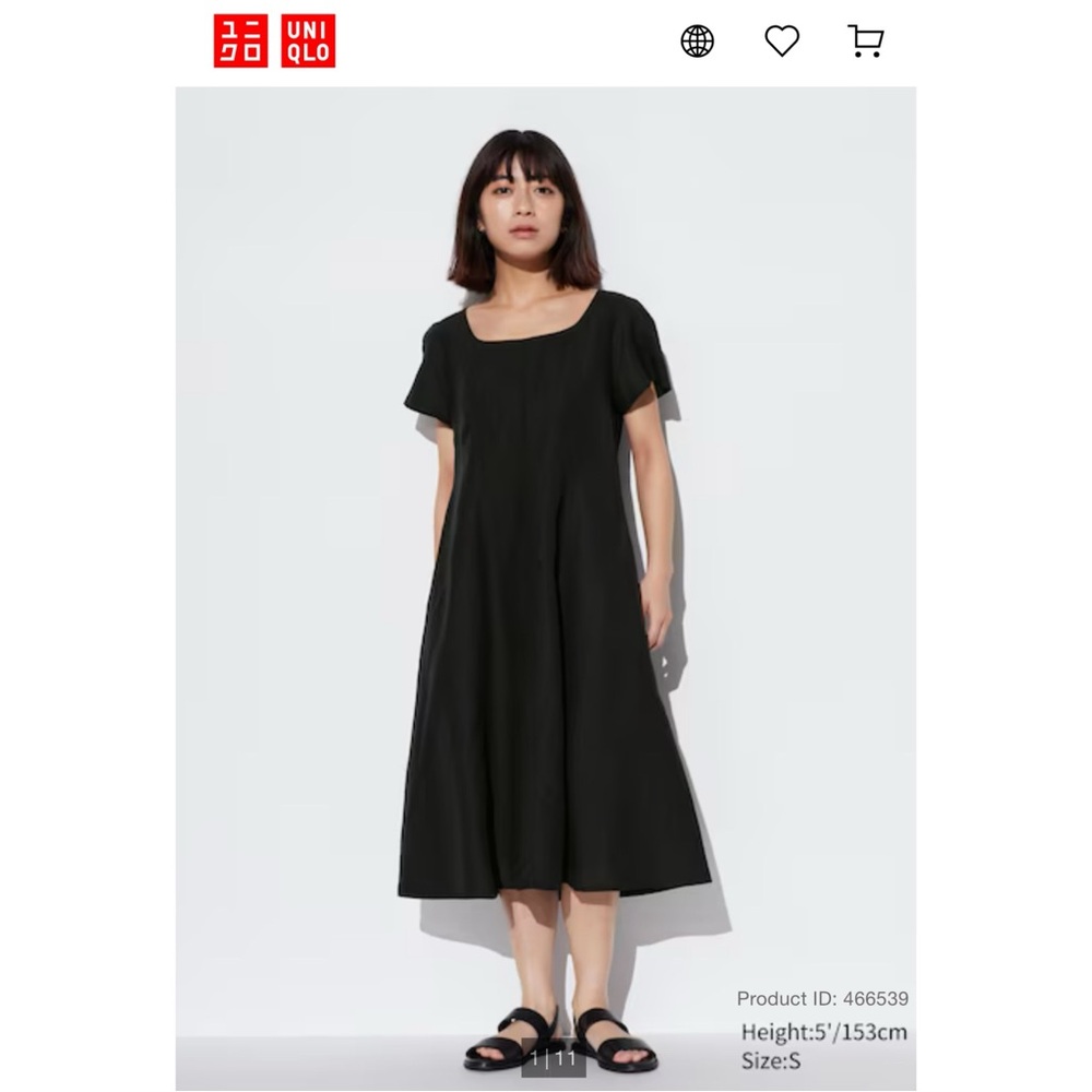 Uniqlo Black Linen Blend Square Neck Short Sleeve Midi Dress